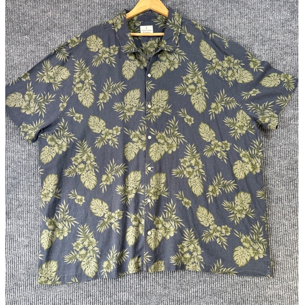 Mutual Weave Mens Tropical Linen Blend Shirt 4XLT Hawaiian Hibiscus Navy Green